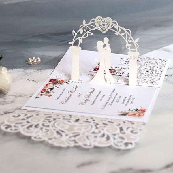 

50pcs 3d bride and groom laser cut wedding -up invitations card lace pocket customize invites cards printing engagement favor greeting