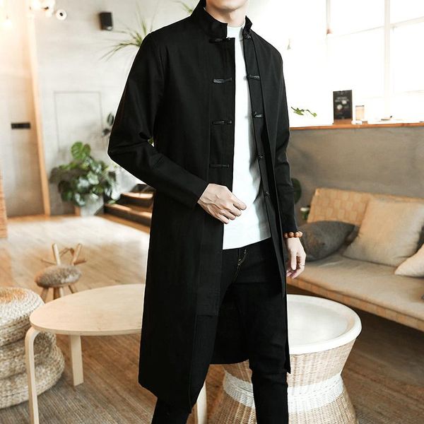 

men's trench coats men loose vintage cotton linen coat fake two pieces cardigan kimono male long chinese style black windbreaker, Tan;black