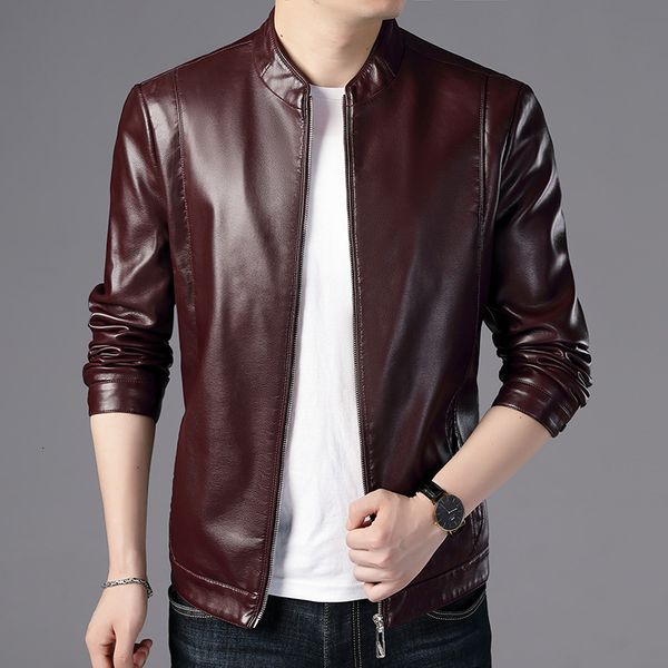 

men's fur & faux mens leather jackets motorcycle stand collar solid color male pu coats fashion outerwear slim korean clothing ijr4, Black