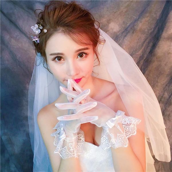 

five fingers gloves girls women full finger stretchy ruffle wedding lace mittens bridal tulle bow, Blue;gray