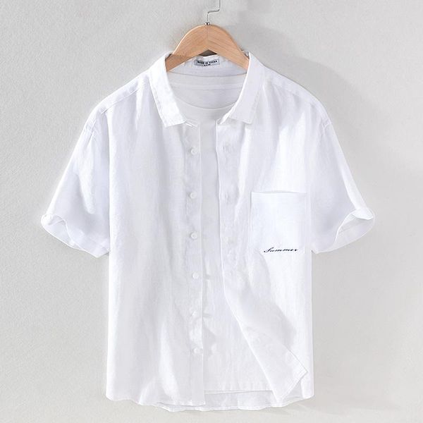 

100% linen style short sleeve embroidered brand shirts men casual trendy white shirt for chemise camisa mens men's, White;black