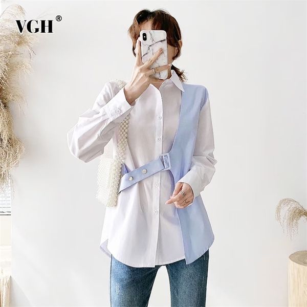 

casual blouses for women lapel long sleeve loose patchwork hit color lace up straight shirts female spring clothes 210531, White