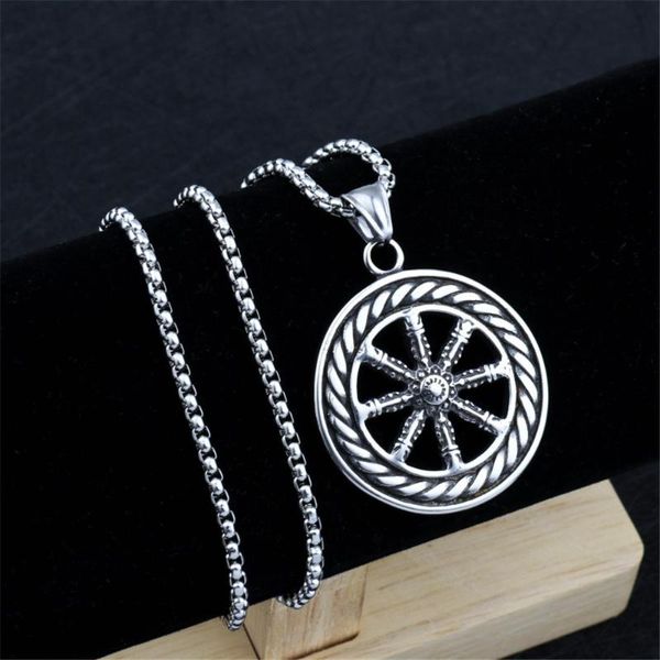 

vintage rudder charms dharma wheel of life samsara buddhist amulet pendant talisman necklace religious jewelry for men necklaces, Silver