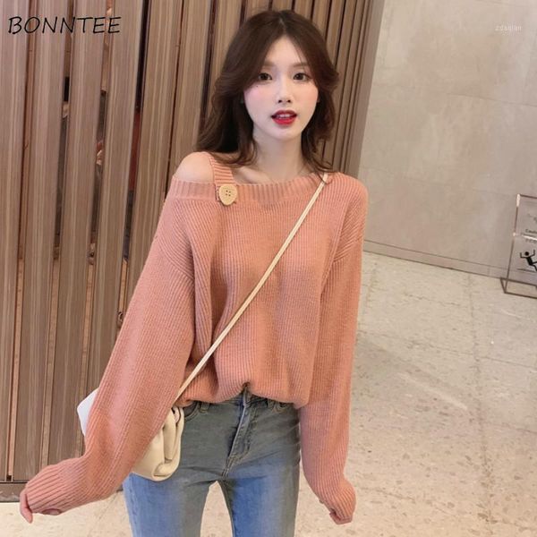 

women's sweaters pullovers women off-shoulder solid jumper sweater tunic korean style lovely girls leisure female clothes soft trendy e, White;black