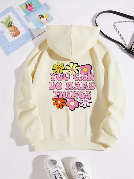 

floral & slogan graphic drawstring thermal hoodie p9bf#, White;black