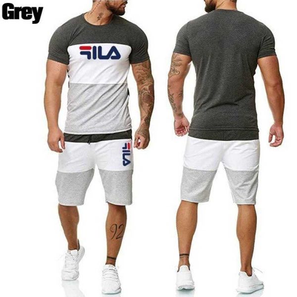 

summer new men's round neck short sleeve sports suit leisure outdoor fitness large color matching t-shirt shorts, Gray