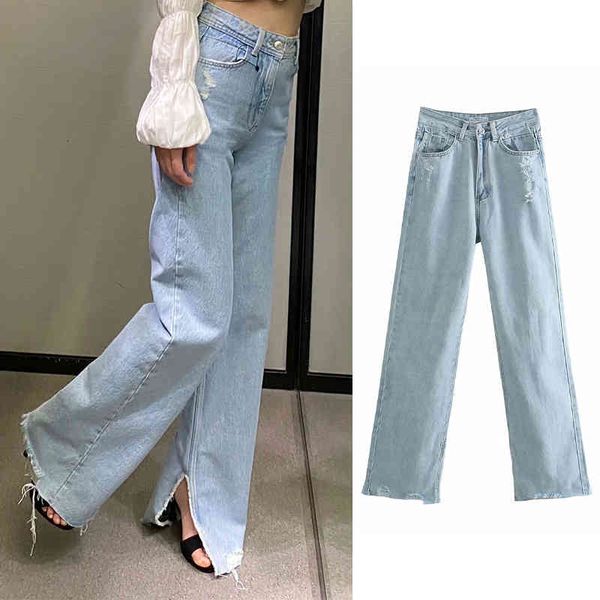 

women's pants & capris 2021 spring and autumn new blue loose split jeans clothing high waist straight pure color casual 4b7u, Black;white