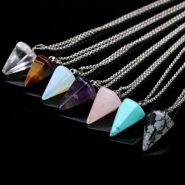 Colar com pingente de pedras preciosas naturais Suprimentos para festas Cristal Cura Chakra Reiki Pedra de prata Hexagonal Prisma Cone Pêndulo Charm Colares 11 estilo