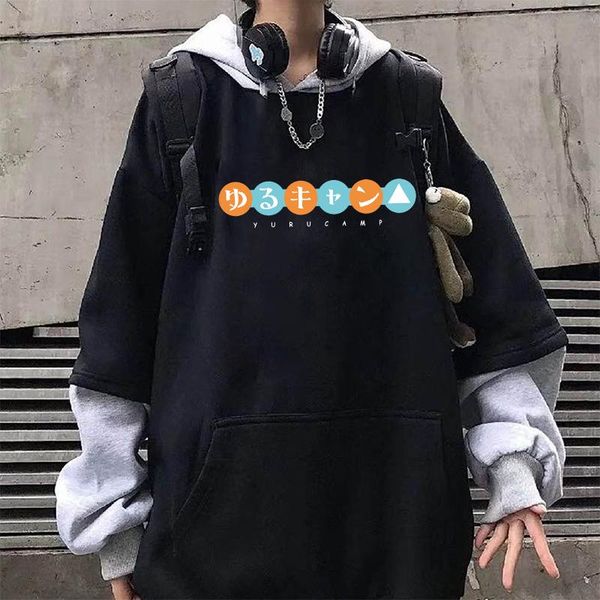 

men's hoodies & sweatshirts harajuku japanese anime yuru camp cartoon graphic women funny streetwear fashion casual winter men hooded s, Black