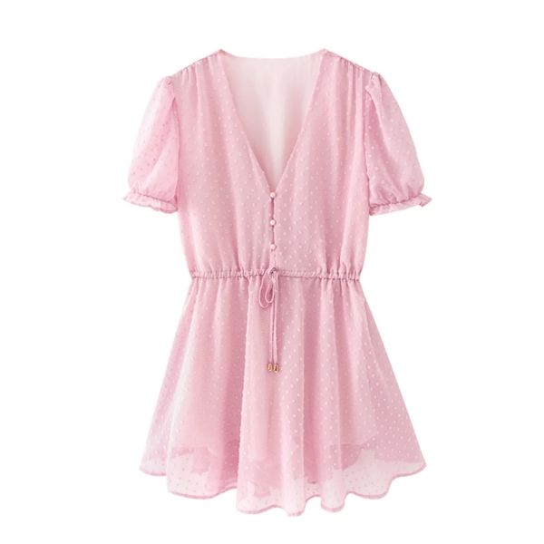 Sommer Frauen Dot Flocked Chiffon Rosa Mini Kleid Weibliche V-ausschnitt Puff Sleeve Kleidung Casual Dame Lose Vestido D7375 210430