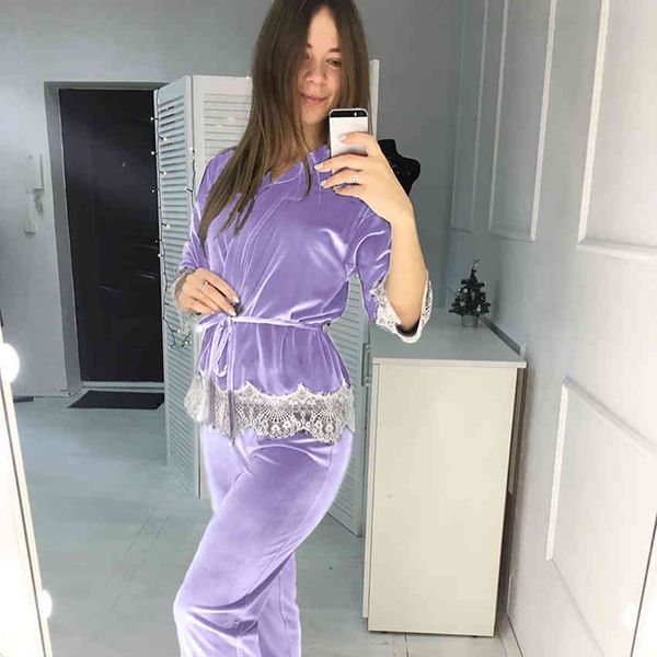 

hechan splicing velevt sleepwear women knitting suit sets autumn warm robe set patchwork lace pajamas with pants home wear 210330, Black;red