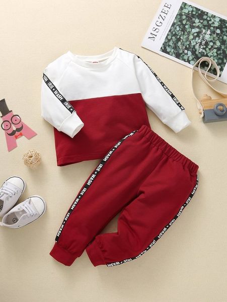 

baby color block raglan sleeve letter tape pullover & sweatpants she, White