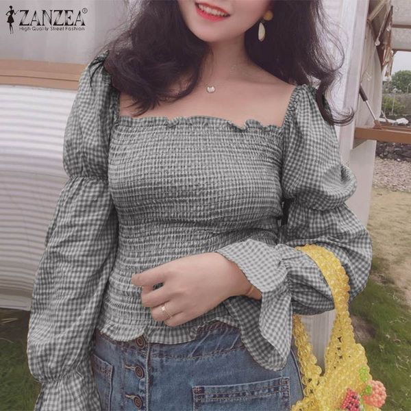 

women's blouses & shirts blouses stylish elastic waist check blouse casual square neck ruffle tunic female puff sleeve shirt plus s 9k, White