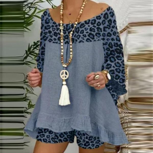 

women's tracksuits vintage leopard print patchwork women sets off shouler 3/4 sleeve shirt and shorts outfits spring summer two pi, Gray