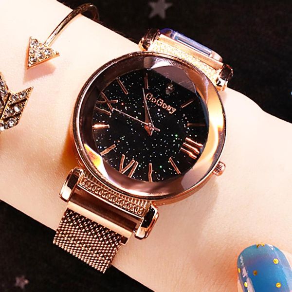 

wristwatches 2021 fashion starry sky magnetic watches women gogoey luxury rose gold mesh belt quartz gifts relogio feminino, Slivery;brown