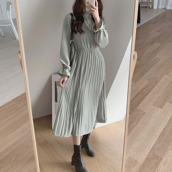 

casual dresses stylish women's clothing 2021 stand collar pleated flare sleeve a-line solid color chiffon one-piece dress korean vestid, Black;gray