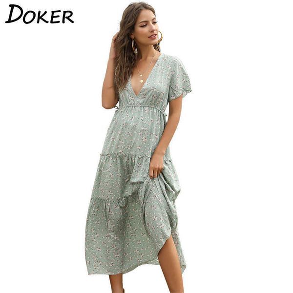 

bohemian floral print deep v-neck dres short sleeve ruffled slit large hem es female casual beach holiday 210604, Black;gray