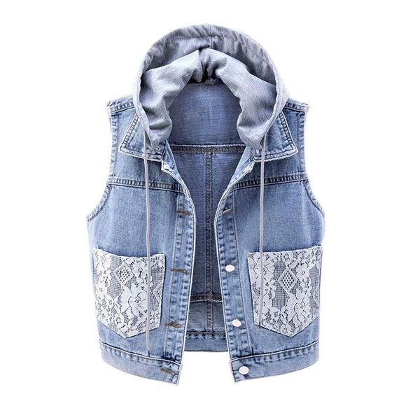 

plus size 5xl denim vest women hooded spring autumn fashion slim sleeveless jacket girl single-breasted short jeans waistcoat women's v, Black;white