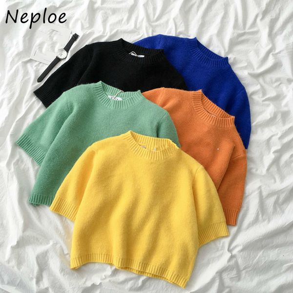 

office lady spring korean o-neck fashion knitted pullovers solid loose women short sleeve sweaters 82225 210430, White;black
