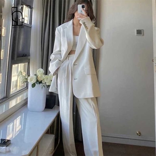 Sorte uma mulher escritório branco terno cor-de-rosa dois pe- pantsuit elegante blazer fêmea conjunto casual calças soltas jaqueta roupas de trabalho 211105