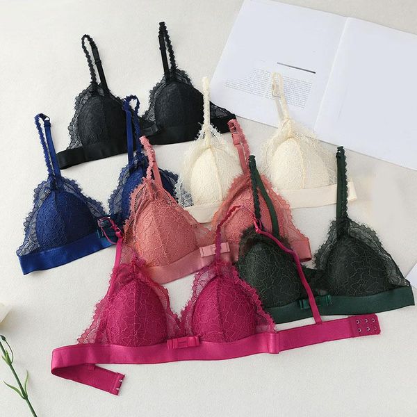 

bras 1pc women bralette french style lace bra girls triangle cup lingerie deep v wireless underwear soft thin seamless, Red;black