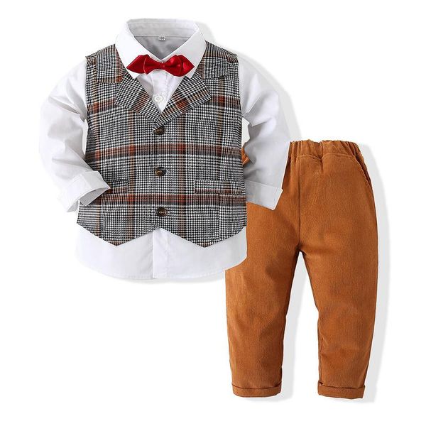 

clothing sets kimocat boy gentleman suit spring, white long-sleeved shirt + bow tie vest brown trouser suit, birthday party costume 9m-5y