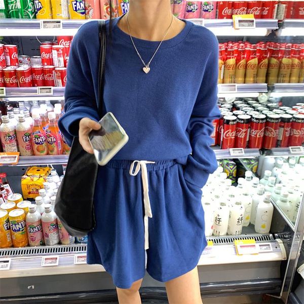 

women's tracksuits korean casual two piece set women o-neck pullover sweatshirt + high waist short pants sets loose shorts 2 suits, Gray