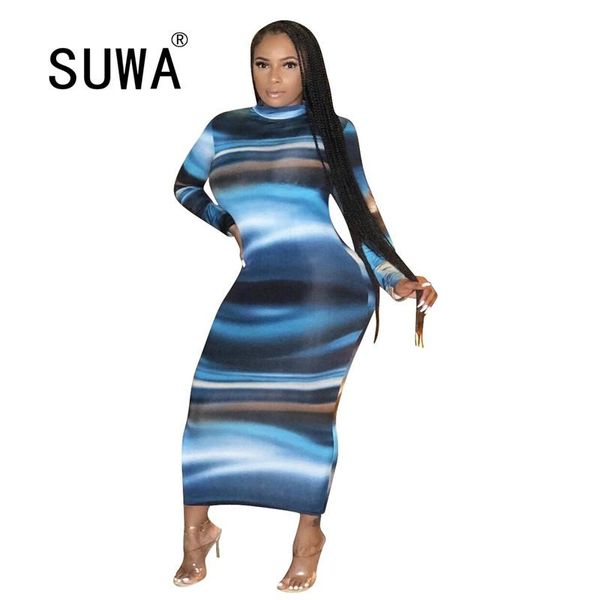 

tie dye striped print autumn club party dress women elegant mock neck full sleeve maxi long high waist bandage casual dresses, Black;gray