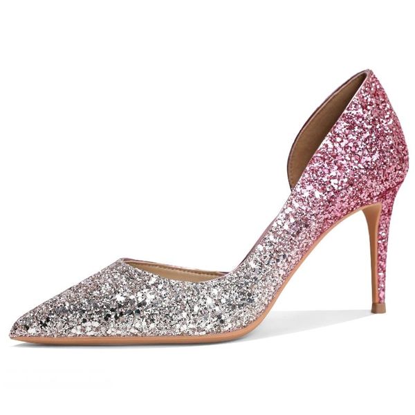 

dress shoes 2021 thin heels rhinestone women pumps sequins high heel pink silver wedding female slingback m0100, Black