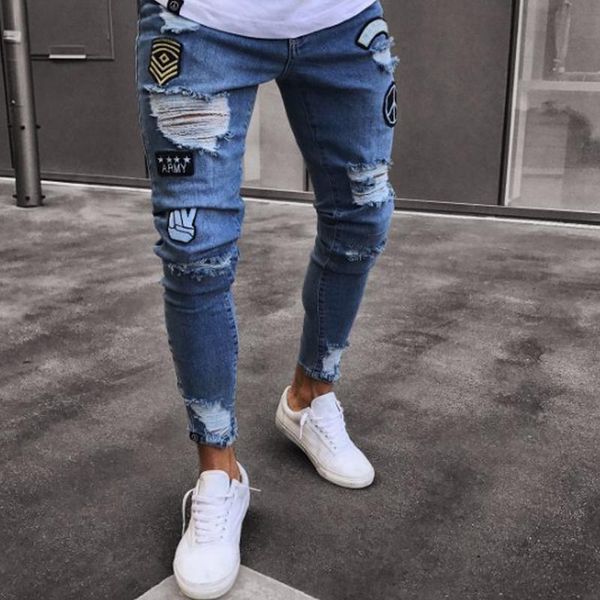 

men's jeans skinny ripped men pants pencil biker side striped destroyed hole hip hop slim fit man stretchy jean print, Blue