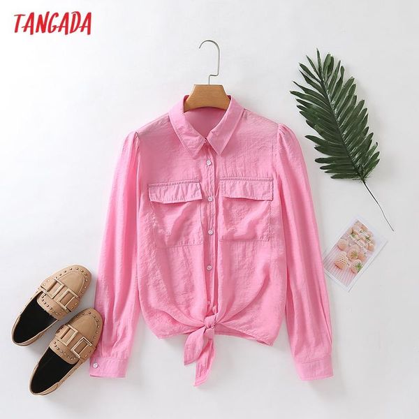 

women's blouses & shirts tangada women retro pink crop bow blouse shirt long sleeve pocket 2021 chic female 4t18, White