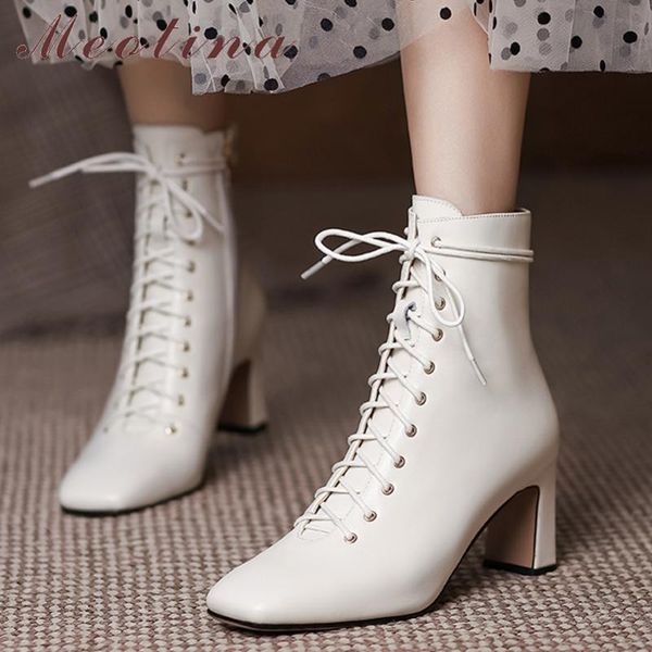 

boots meotina women genuine leather ankle thick high heel shoes fashion zipper square toe ladies short autumn 34-40 black
