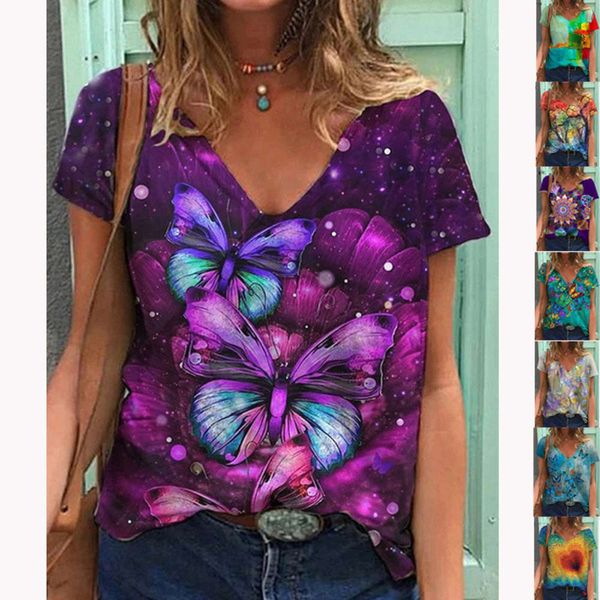

2021 women's new v-neck butterfly print short sleeve t-shirt, Black;gray