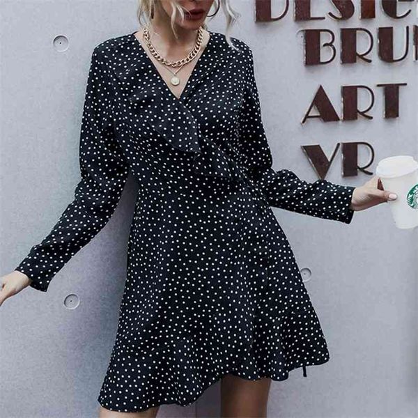 

polka dot black wrap dress women autumn winter short ruffle elegant ladies long sleeve casual female 210427, Black;gray