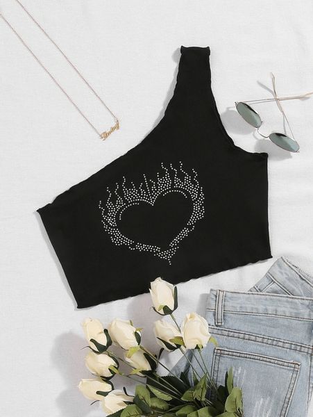 

fire & heart rhinestone detail one shoulder p2vo#, White