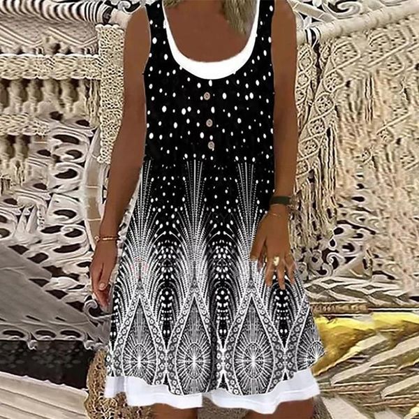 

ethnic clothing plus size dresses women's o-neck printing loose casual fashion fake two lay sleeveless dress summer beach, Red