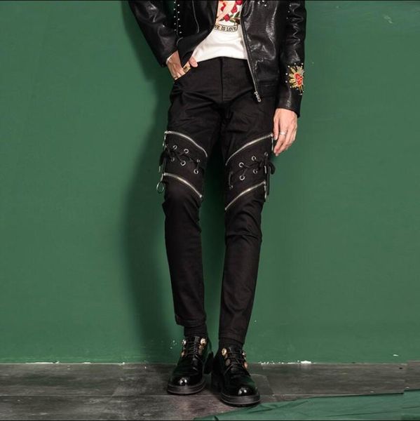 

men's pants 2021 mens autumn personality trend casual male slim trousers zipper decoration pencil plus size hip hop costumes, Black