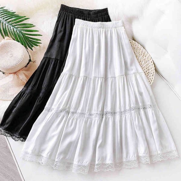 

casual dresses 2021 women summer a-line skirt stretch high waist long lace patch white femme faldas jupe saia r435, Black;gray