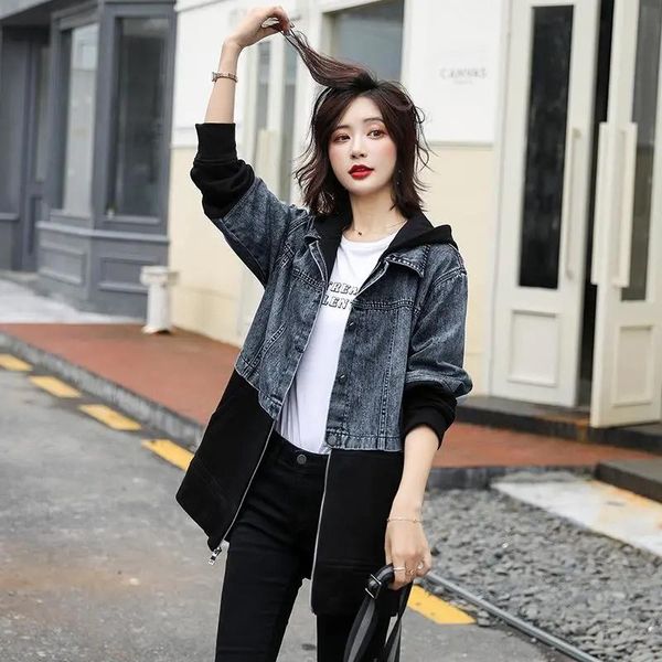

women's trench coats european station 2021 spring autumn version of the denim jacket mid-length casual lloose all-match windbreaker, Tan;black