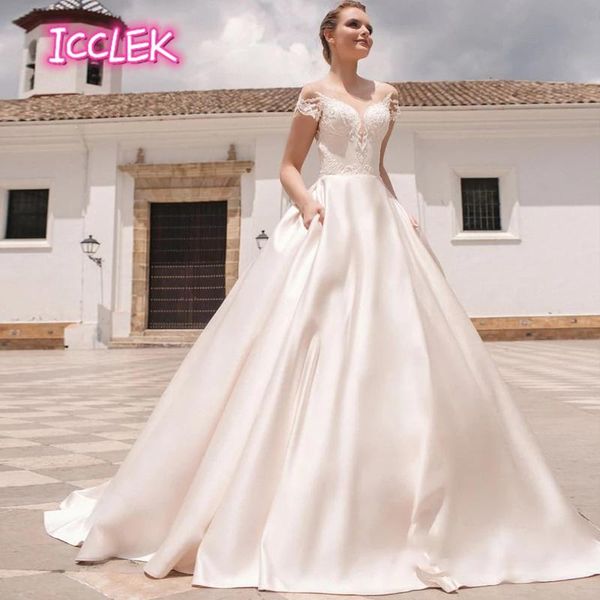 

other wedding dresses satin luxury princess dress backless cap sleeve o-neck floor length appliqued elegant bridal custom made, White