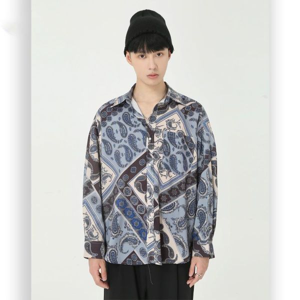 

men's casual shirts male retro fashion streetwear hip hop shirt men vintage pattern print loose long sleeve flower, White;black
