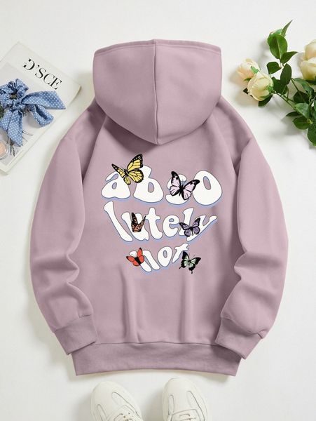 

letter & butterfly print kangaroo pocket drawstring thermal hoodie p98f#, White;black
