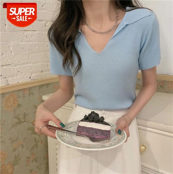 

lapel short-sleeved v-neck knit sweater was thin short women #pf3o, Black;gray