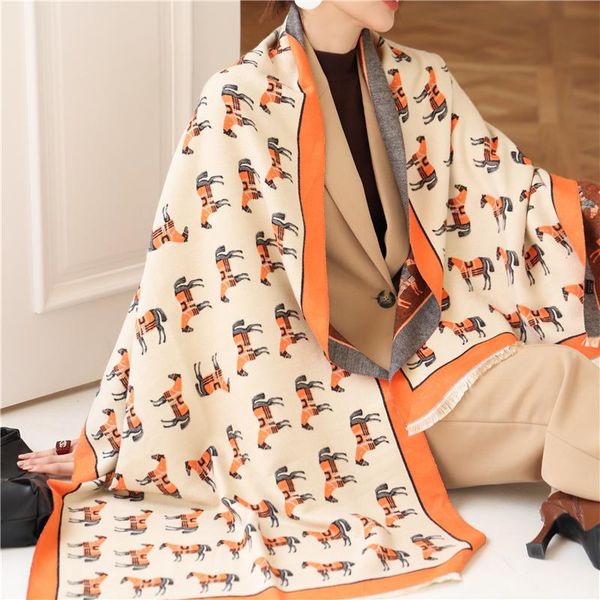

scarves animal print winter cashmere scarf women 2021 thick warm shawls and wraps brand designer horse printed pashmina blanket cape, Blue;gray