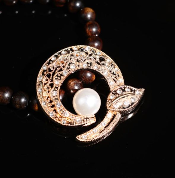 

european and american moon leaf brooches imitation pearl pin rhinestone alloy brooch clothing accessories, Gray