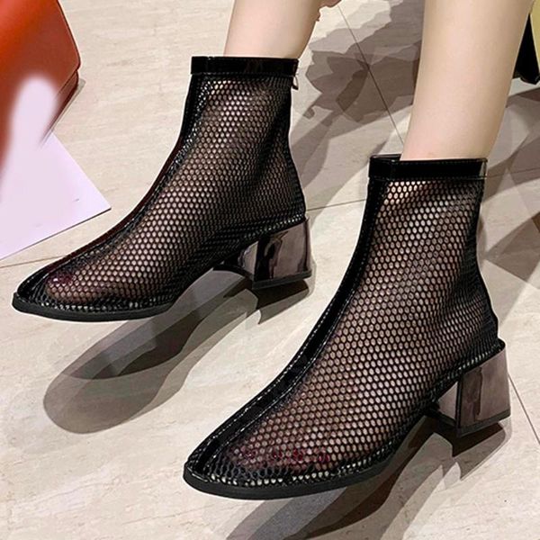 

boots women's ankle short booties bare round toe mesh front zipper square heel botas feminina cano curto salto baixo#n4, Black