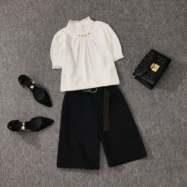 

women's two piece pants new summer 2 piece set beading chiffon short sleeve t shirt + wide legs shorts with belt set casual s, White