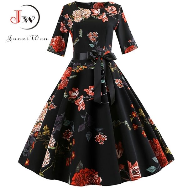 

floral print vintage dres long sleeve elegant party autumn winter female casual a-line tunic plus size 210623, Black;gray