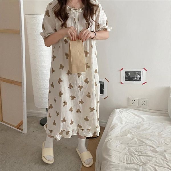 

women's sleepwear bear cartoon print summer nightgowns soft cotton long short sleeve ruffles nightdress kawaii homewear girls dress y74, Black;red