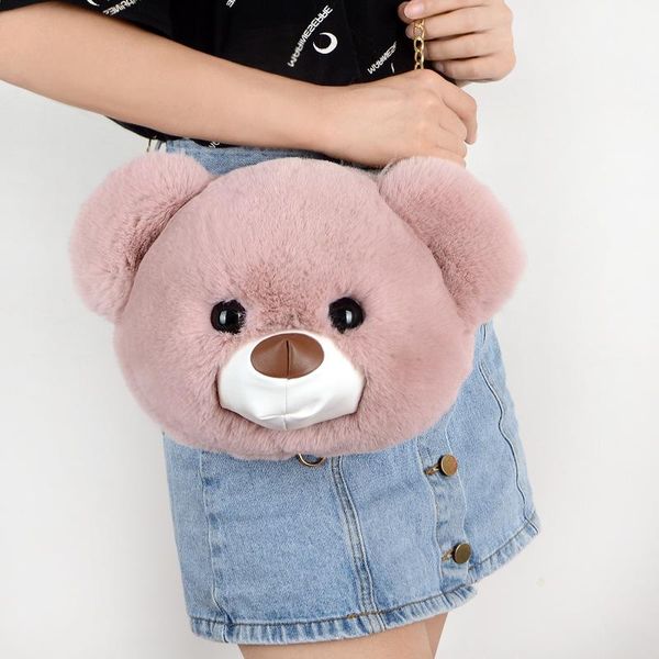 

evening bags 2021 women plush panda head hairy bag female cute chain shoulder messenger bear
